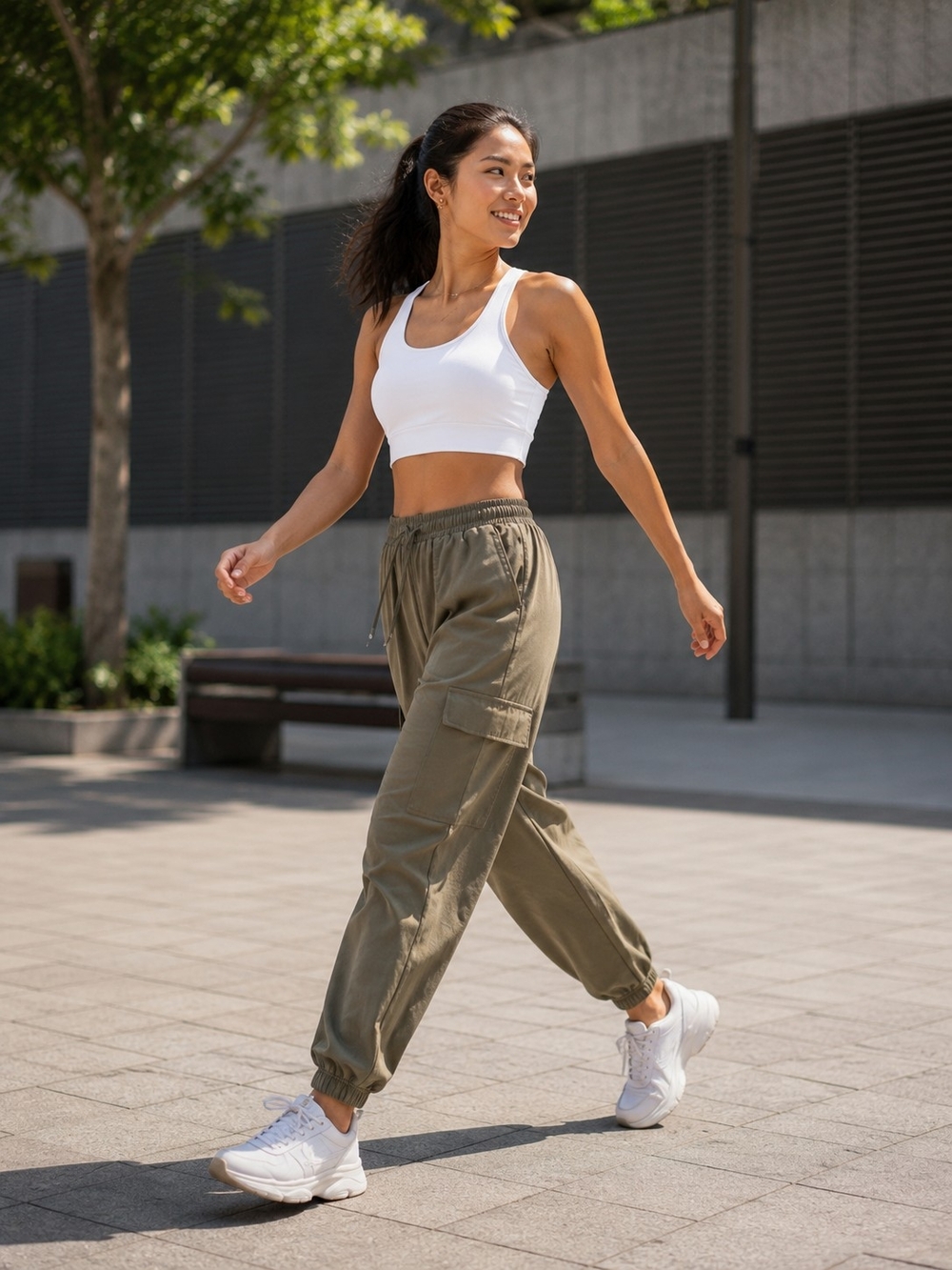 Olive Cargo Jogger Pants for Women - Drawstring Waist Casual Fit